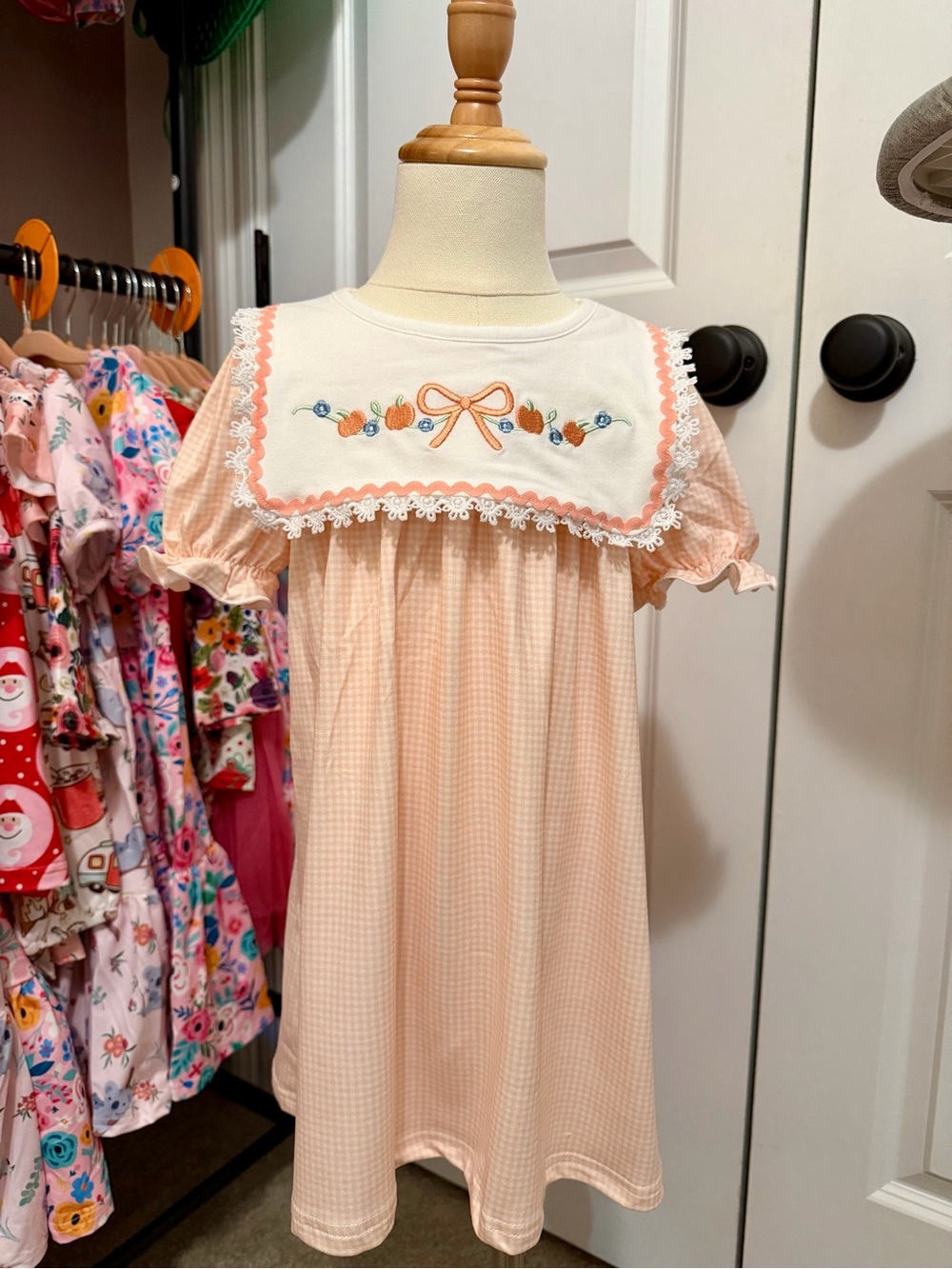 Girl Orange Gingham Pumpkin Bow Embroidery Dress Size 3T